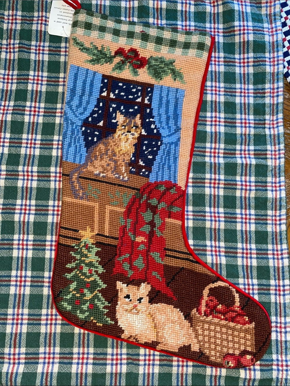 Vintage Christmas woollen needlepoint, cat Christmas stocking